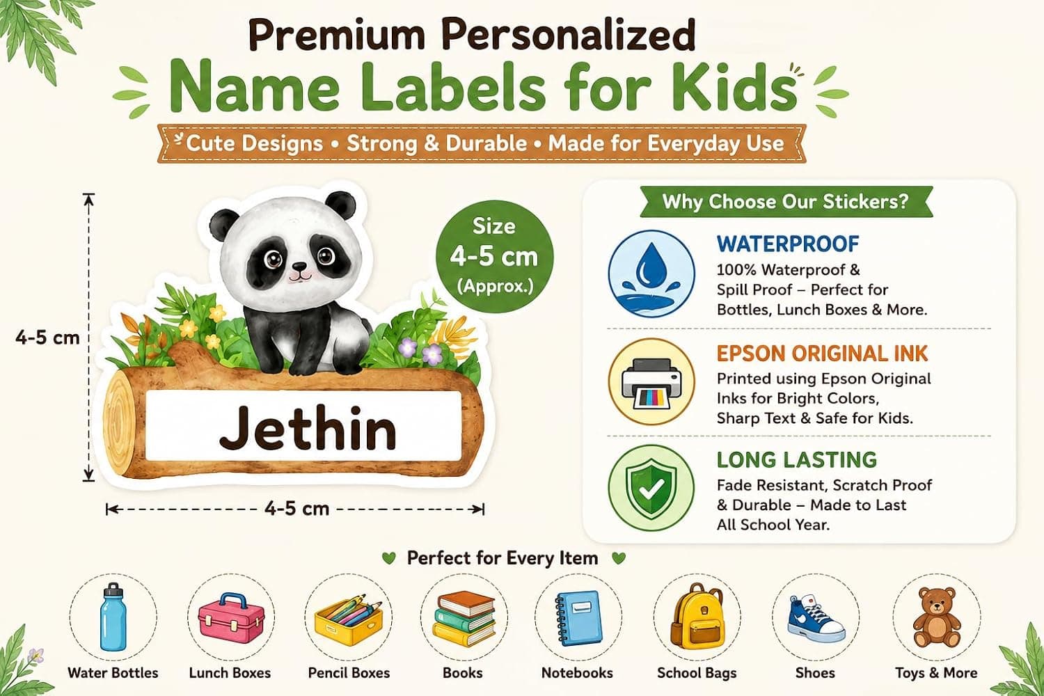 Personalized Name Label Stickers for Kids School | Waterproof Watercolor Animal Name Labels (Pack of 24) 2