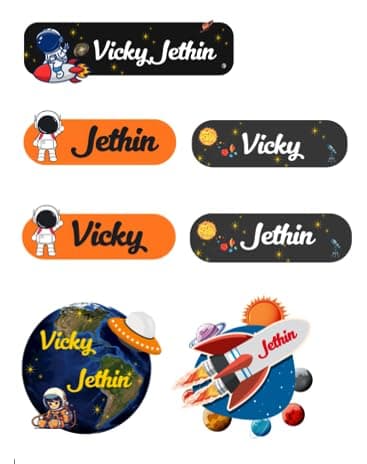 Personalized Name Label Stickers for Kids School | Waterproof Space Theme Name Labels (Pack of 30)